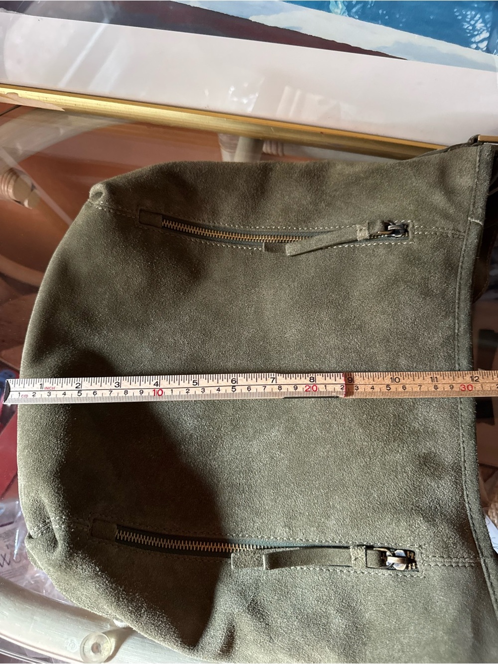 Green Genuine Suede Leather Slouchy Hobo Shoulder Bag Zip Detail - Picture 10 of 10